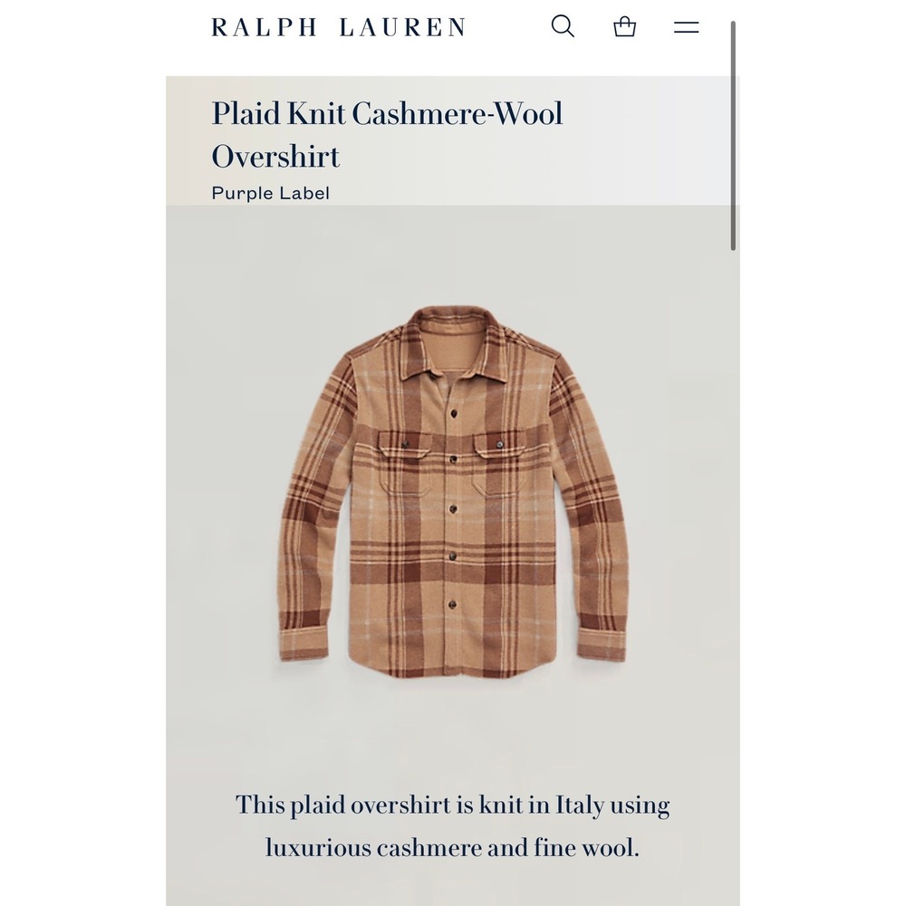 Ralph Lauren Purple Label Plaid Knit Cashmere Overshirt Mens XXL Tan Brown NWOT - Picture 9 of 9